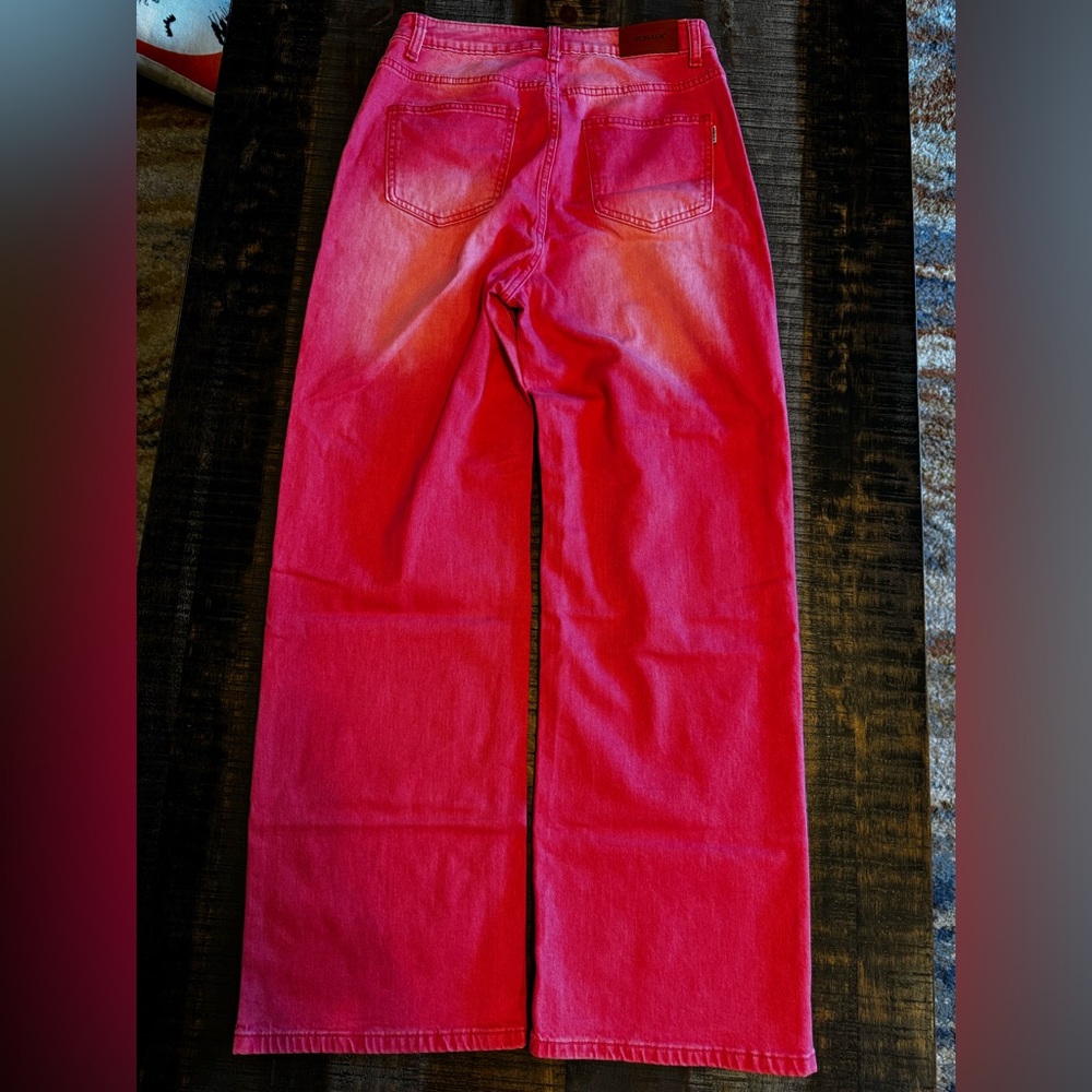 NWT Women's Pink High Waisted Crossover Jeans Wide Leg Stretchable Casual Size 8 - Picture 15 of 16
